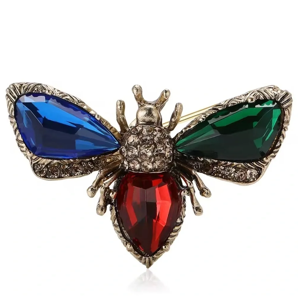 Vintage Colorful Gem Insect Brooch — Gold Tone